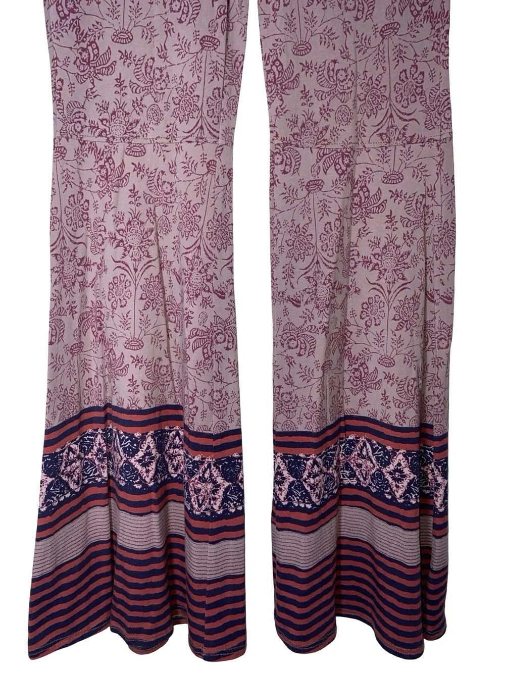 Free People Floral Border Print Pull-On Bell Bottom Flare Pants Pink Burgundy M